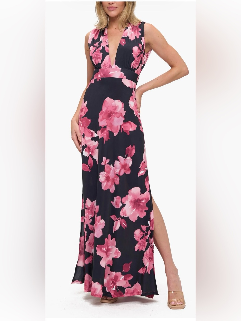 Sleeveless Navy Maxi Dress with Pink Floral Print
